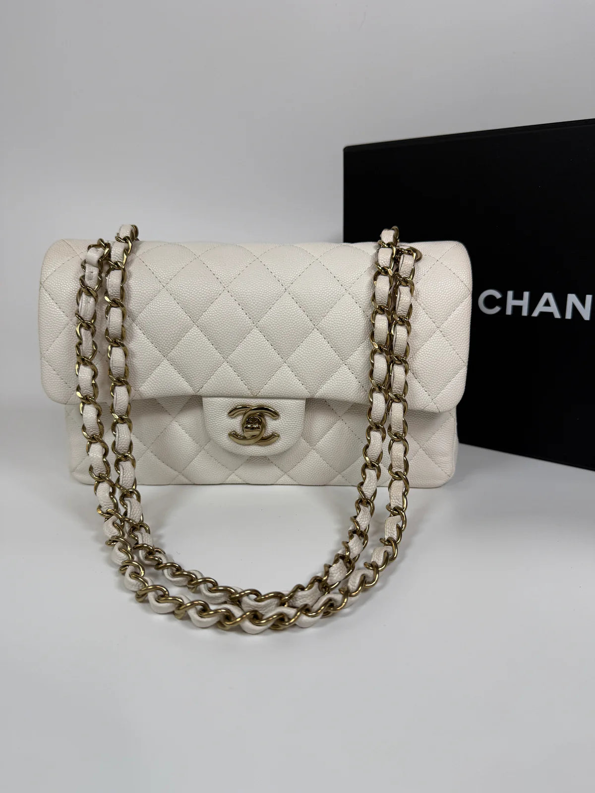 CHANEL SMALL CLASSIC DOUBLE FLAP IN WHITE CAVIAR LEATHER WITH GOLD HARDWARE