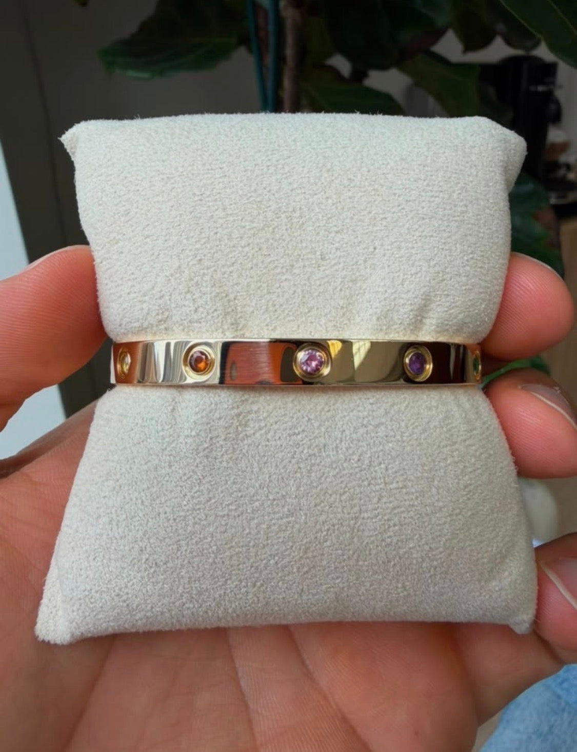 Cartier Love 18k Yellow Gold Multi Gemstone Bangle Bracelet Size 17