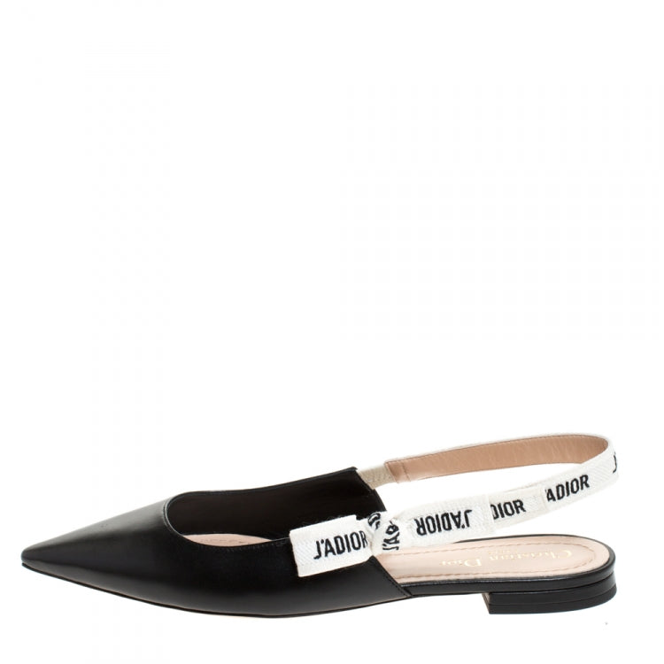 Dior Black Leather J'adior Ribbon Pointed Toe Slingback Flats Size 40.5