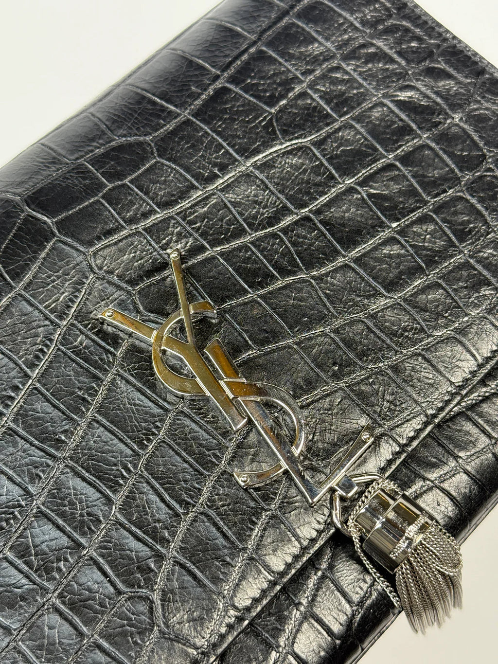 SAINT LAURENT BLACK CROC EMBOSSED KATE TASSEL BAG