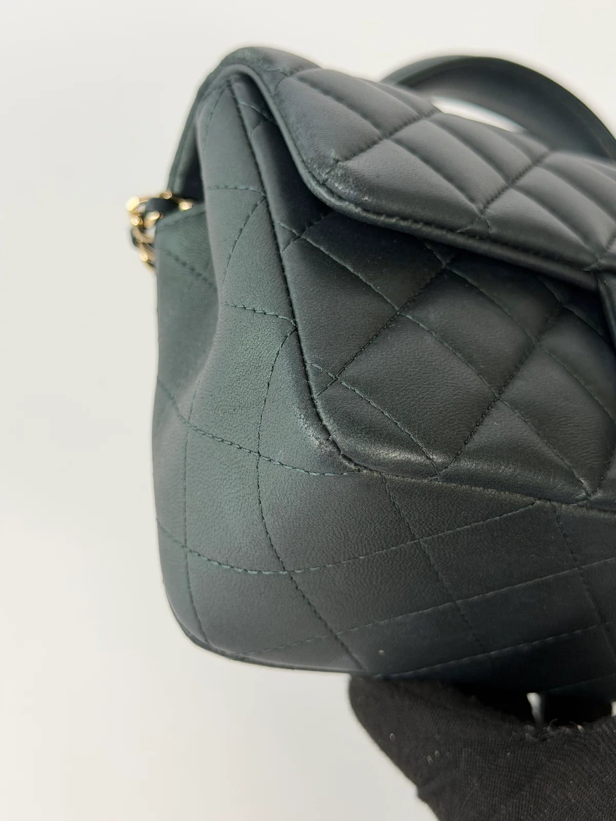 CHANEL MINI RECTANGLE TOP HANDLE IN METALLIC GREEN LAMBSKIN LEATHER GOLD HARDWARE