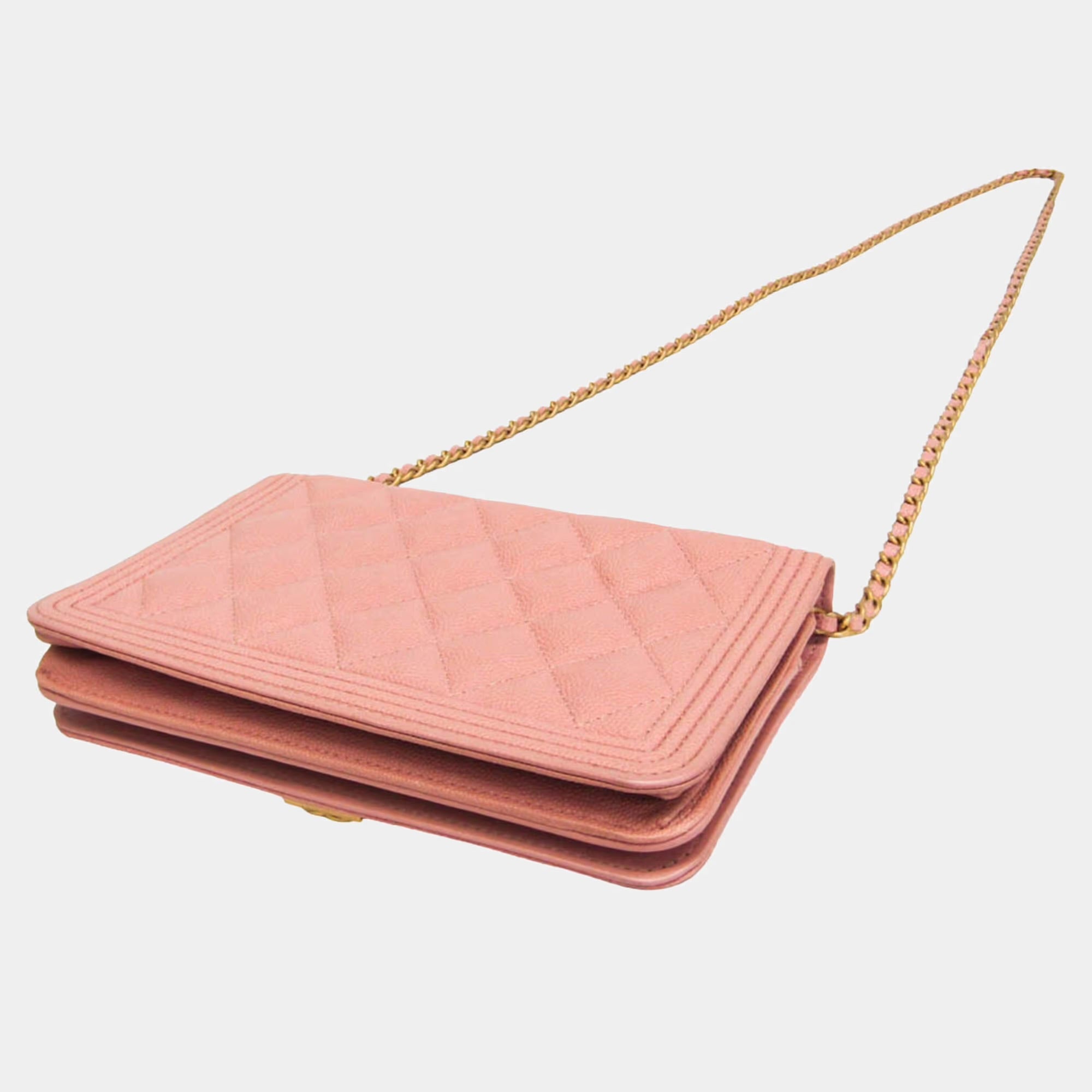Chanel Boy Wallet On Chain Pink Grained Calfskin Leather Crossbody Bag