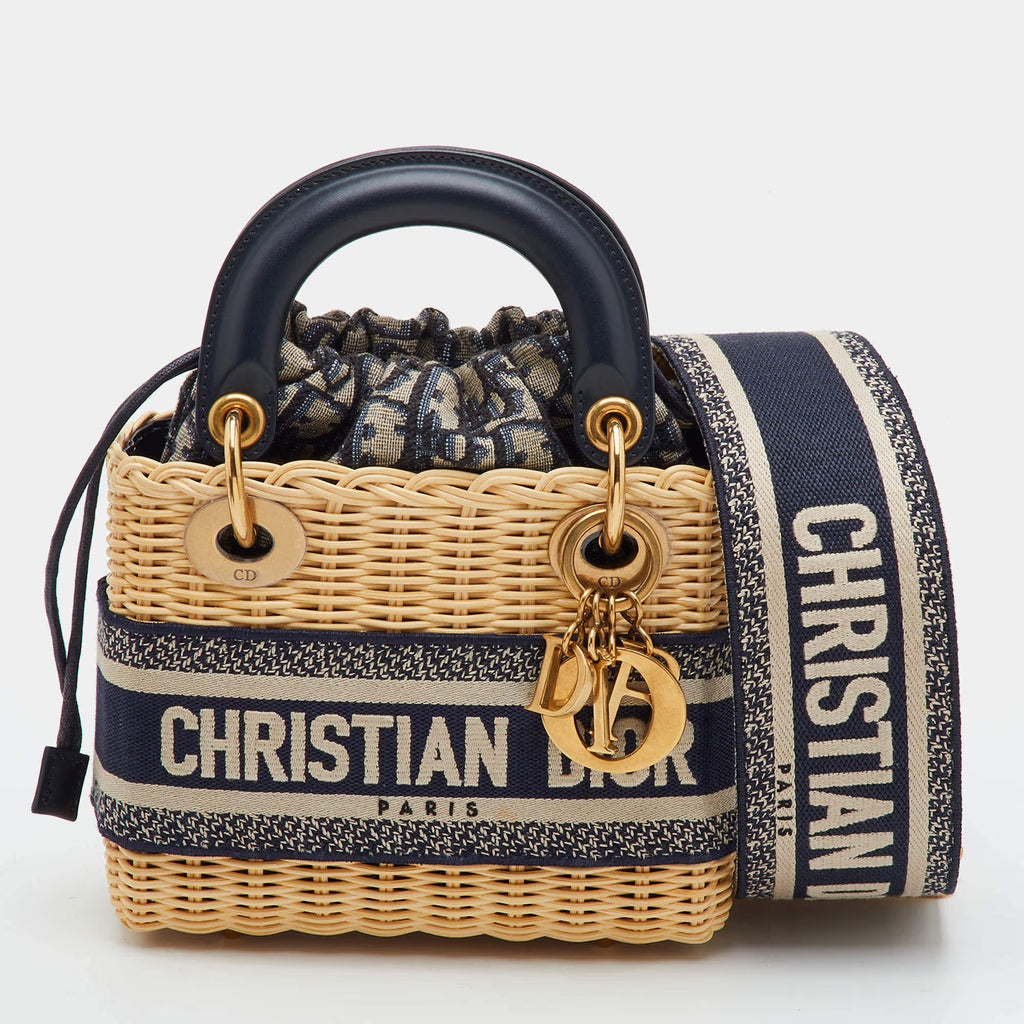 Dior Lady Dior Mini Beige/Navy Blue Wicker and Oblique Canvas Tote