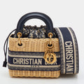 Dior Lady Dior Mini Beige/Navy Blue Wicker and Oblique Canvas Tote