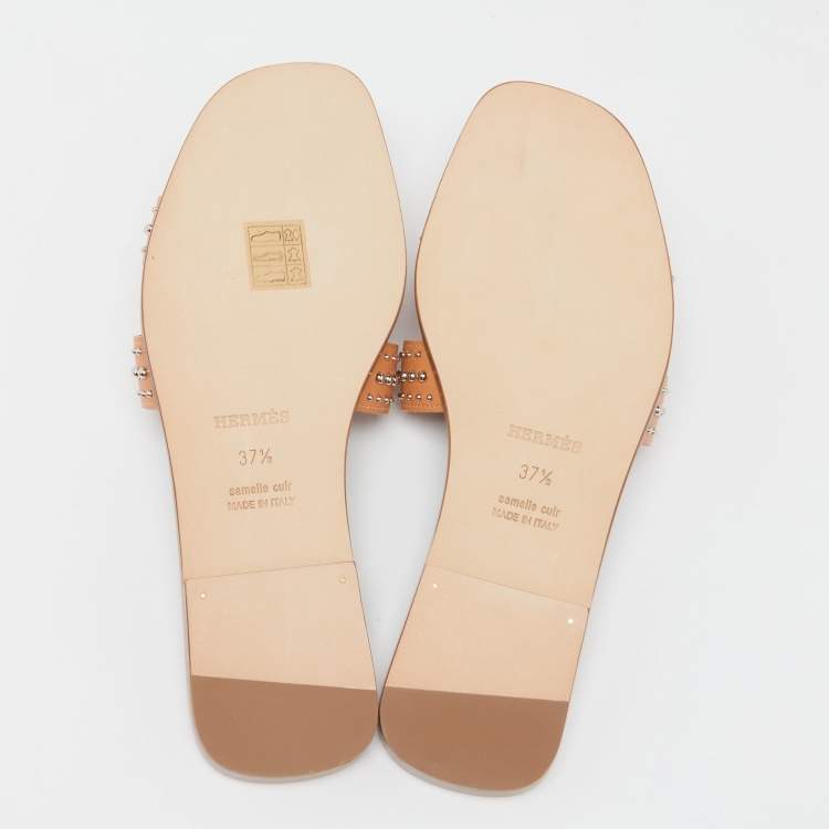Hermes Peach Leather Studded Oran Flat Slide Sandals Size 37.5