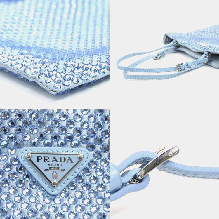 Prada Chain Flat Mini Celeste Blue Satin Crystal Tote Bag