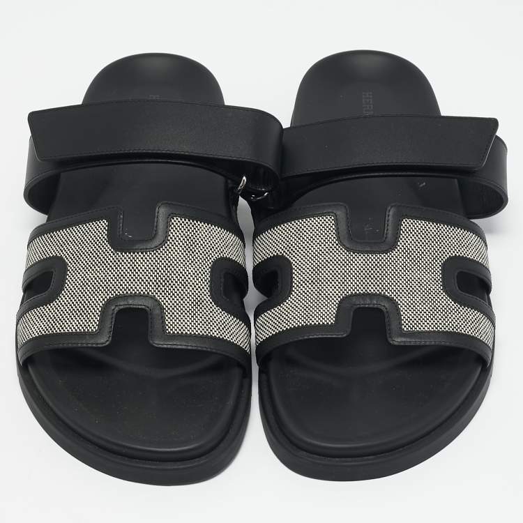 Hermes Black/White Leather and Canvas H Maxi Chypre Flat Sandals Size 41