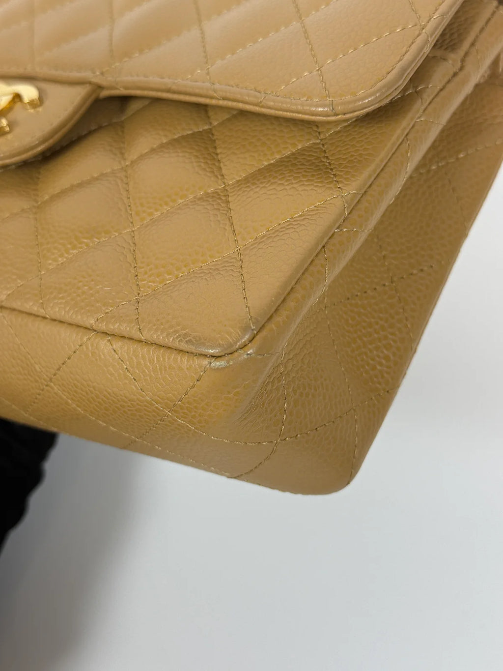 CHANEL SMALL CLASSIC DOUBLE FLAP IN BEIGE CAVIAR LEATHER WITH GOLD HARDWARE