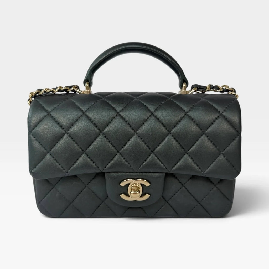 CHANEL MINI RECTANGLE TOP HANDLE IN METALLIC GREEN LAMBSKIN LEATHER GOLD HARDWARE