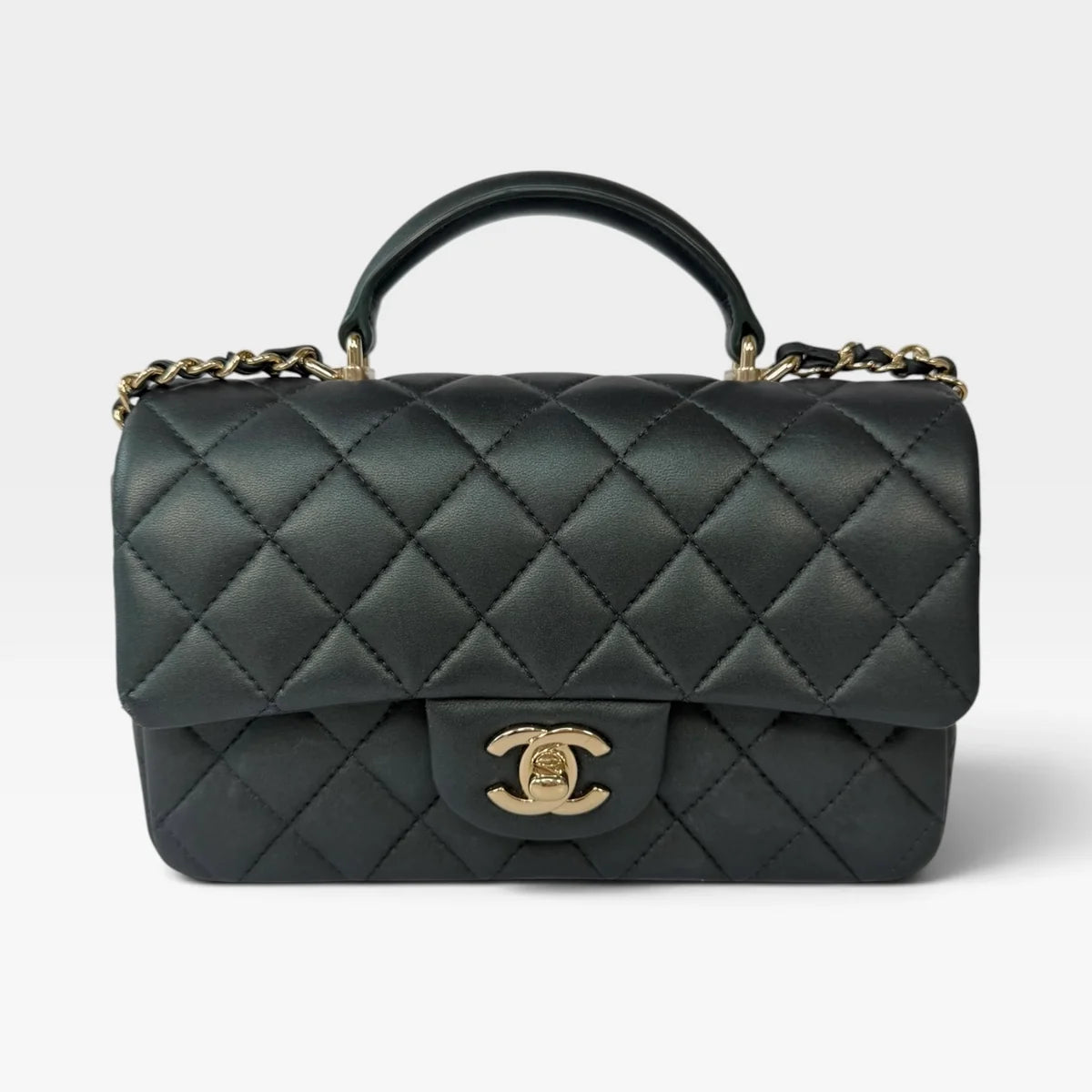 CHANEL MINI RECTANGLE TOP HANDLE IN METALLIC GREEN LAMBSKIN LEATHER GOLD HARDWARE