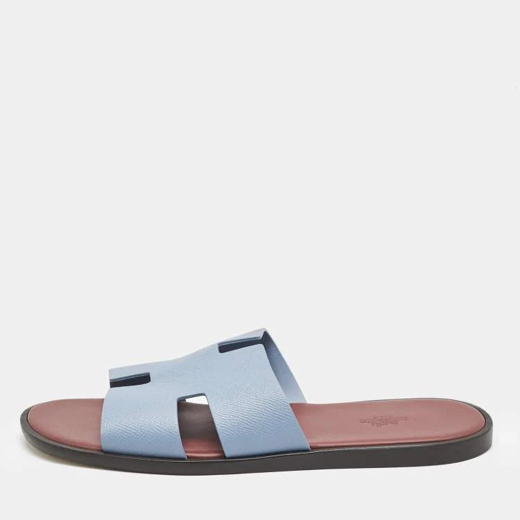 Hermes Blue Leather Izmir Flat Sandals Size 44.5