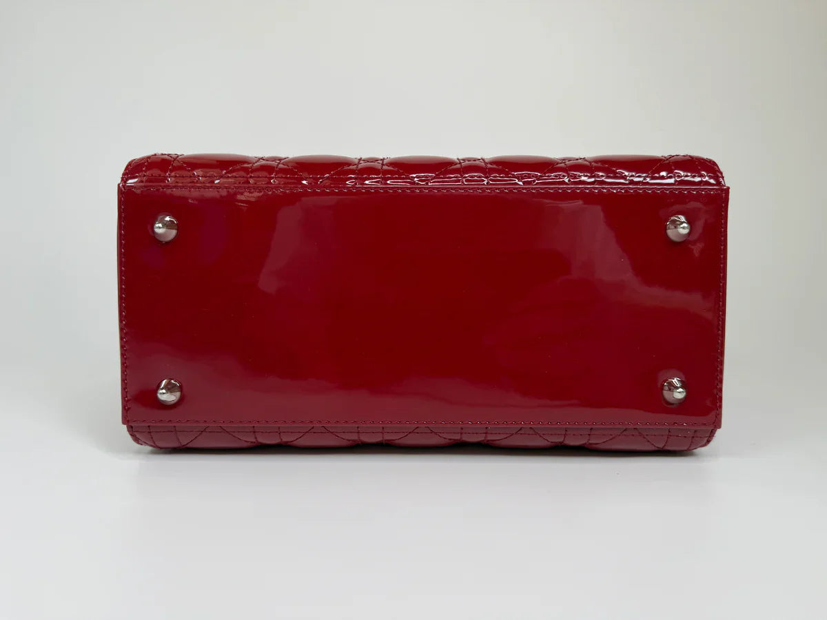 CHRISTIAN DIOR MEDIUM LADY DIOR IN PATENT RED LEATHER WITH SILVER HARDWARE