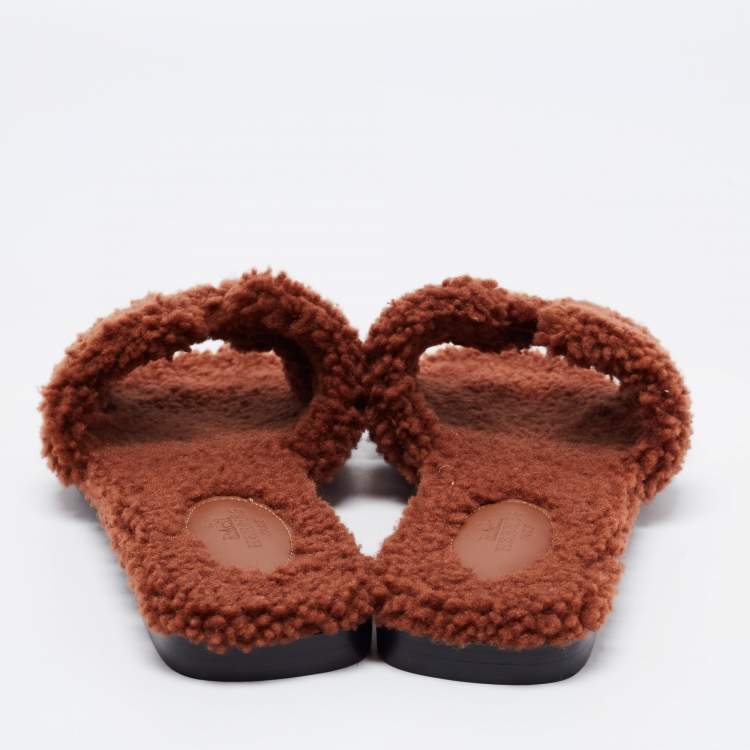 Hermes Brown Shearling Oran Slide Sandals Size 38.5