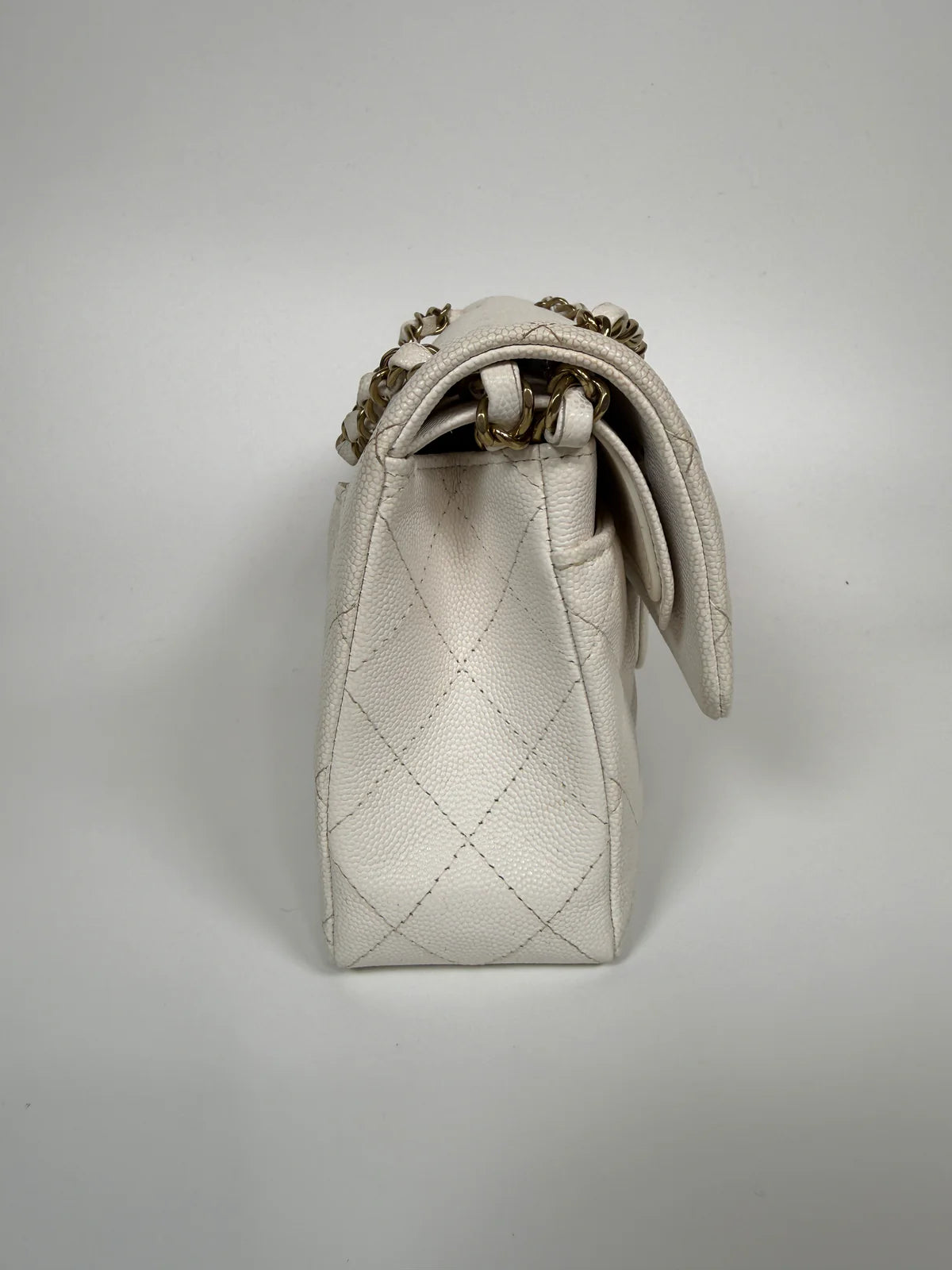 CHANEL SMALL CLASSIC DOUBLE FLAP IN WHITE CAVIAR LEATHER WITH GOLD HARDWARE