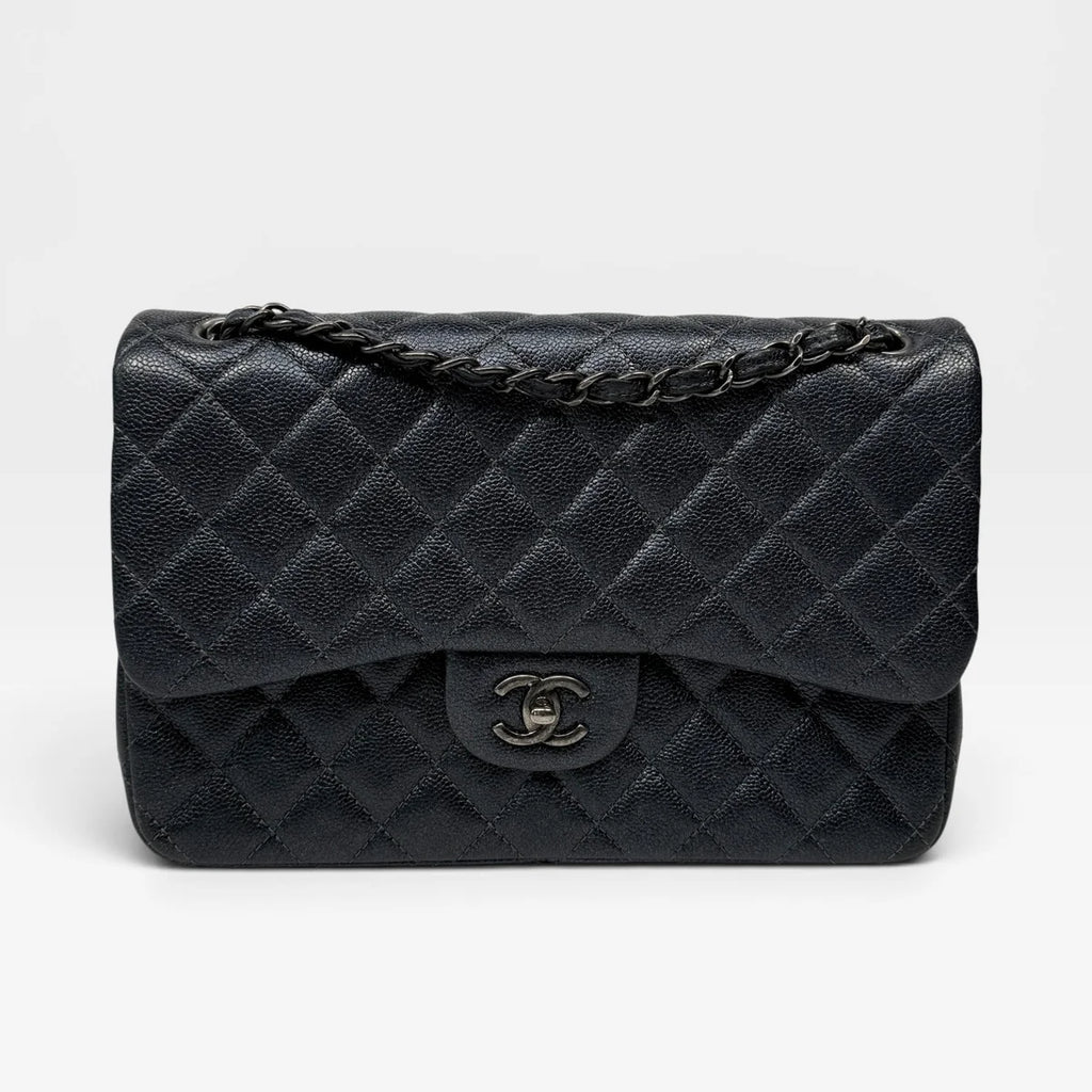 CHANEL JUMBO GUNMETAL METALLIC CALFSKIN LEATHER WITH RUTHENIUM HARDWARE