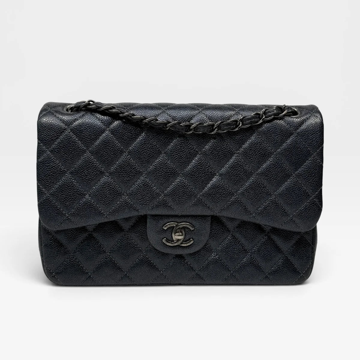 CHANEL JUMBO GUNMETAL METALLIC CALFSKIN LEATHER WITH RUTHENIUM HARDWARE