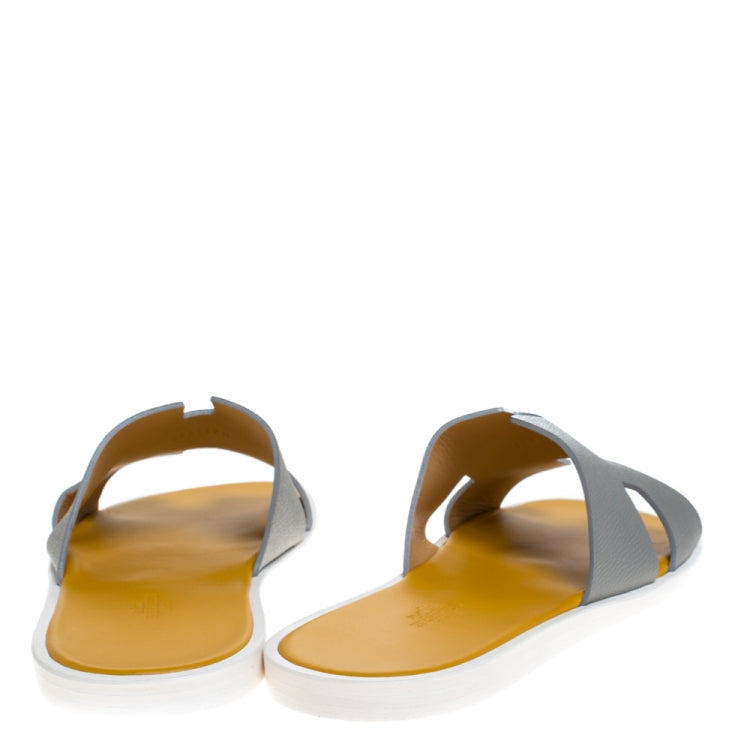 Hermes Grey/Yellow Leather Izmir Flat Slides Size 42