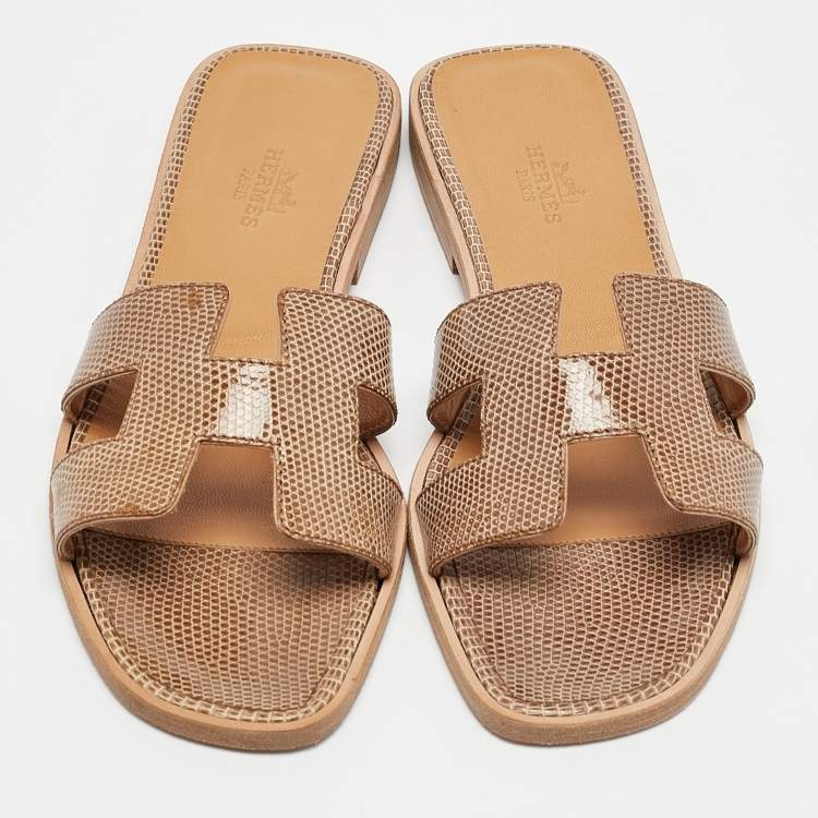 Hermes Beige Lizard Oran Slide Sandals Size 35