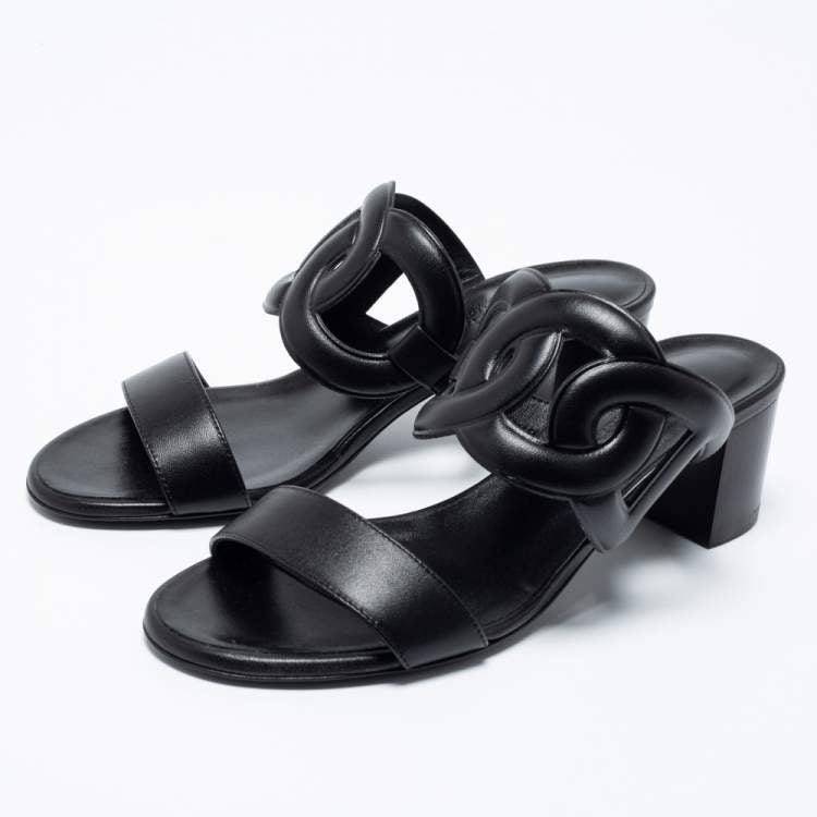Hermes Black Leather Bikini Slide Sandals Size 36