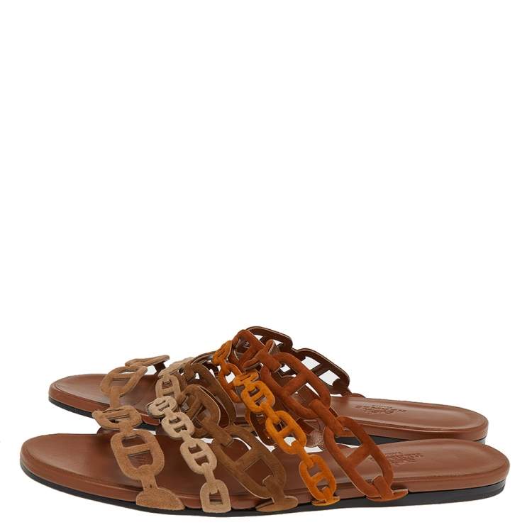 Hermes Brown Suede D'ancre Chaine Flat Slide Sandals Size 38