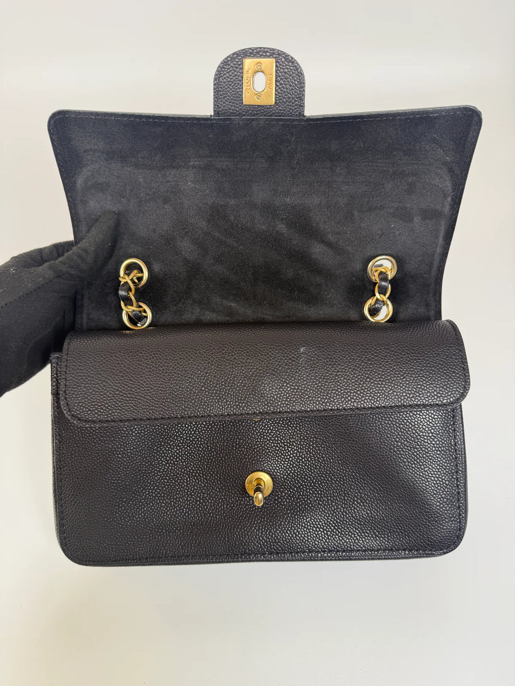CHANEL MEDIUM PURE TIMELESS FLAP BLACK IN BLACK CAVIAR LEATHER WITH GOLD HARDWARE