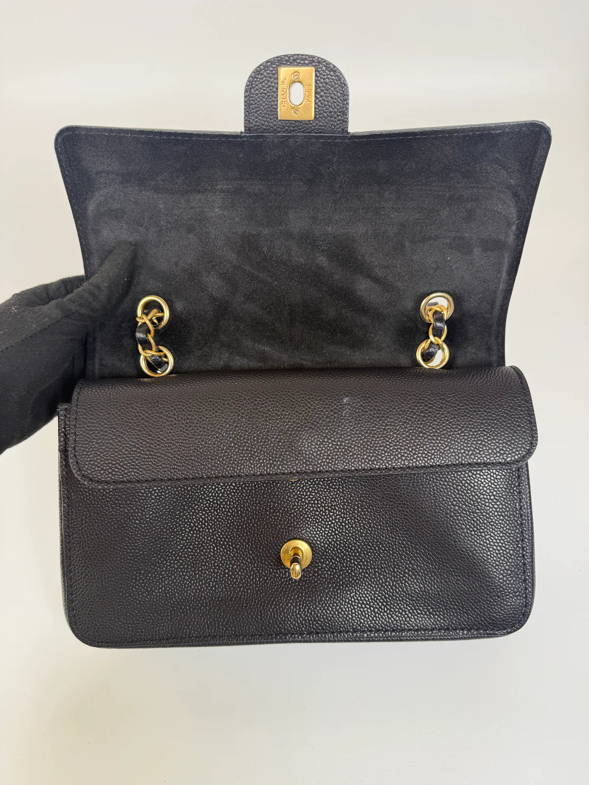 CHANEL MEDIUM PURE TIMELESS FLAP BLACK IN BLACK CAVIAR LEATHER WITH GOLD HARDWARE