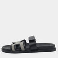 Hermes Black/White Leather and Canvas H Maxi Chypre Flat Sandals Size 45.5