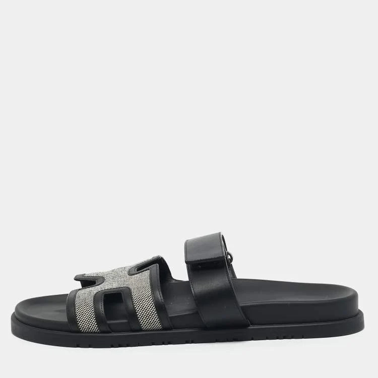 Hermes Black/White Leather and Canvas H Maxi Chypre Flat Sandals Size 45.5