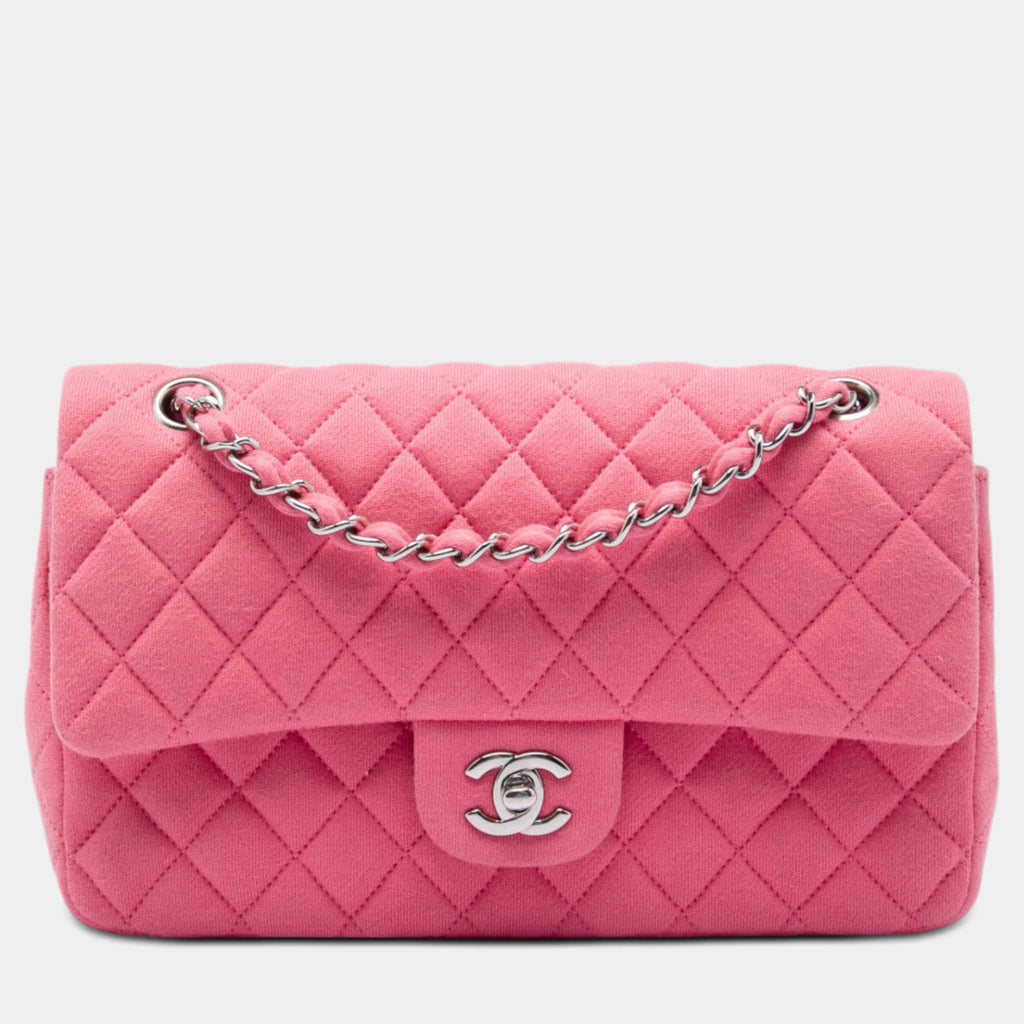 Chanel Medium Classic Jersey Double Flap Pink Jersey Shoulder Bag