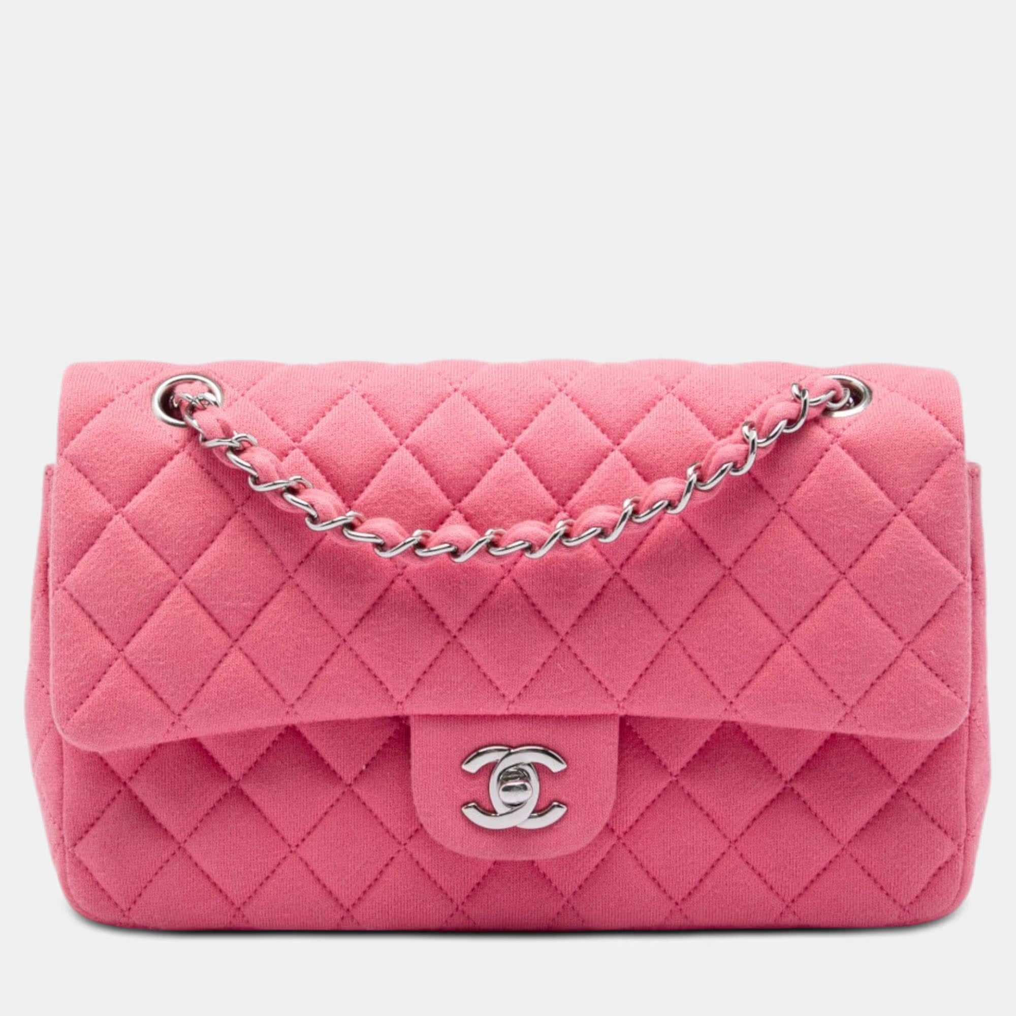 Chanel Medium Classic Jersey Double Flap Pink Jersey Shoulder Bag