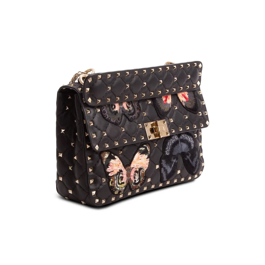 Valentino 2020 Black Nappa Leather Medium Rockstud Butterfly Embroidered Spike Shoulder Bag