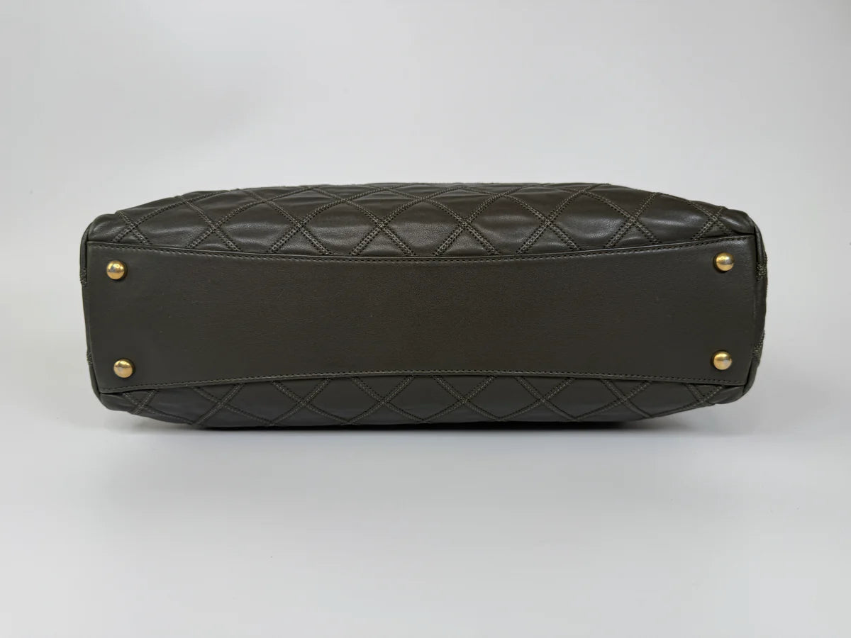 CHANEL DARK GREEN LAMBSKIN LEATHER TOTE BAG WITH GOLD HARDWARE