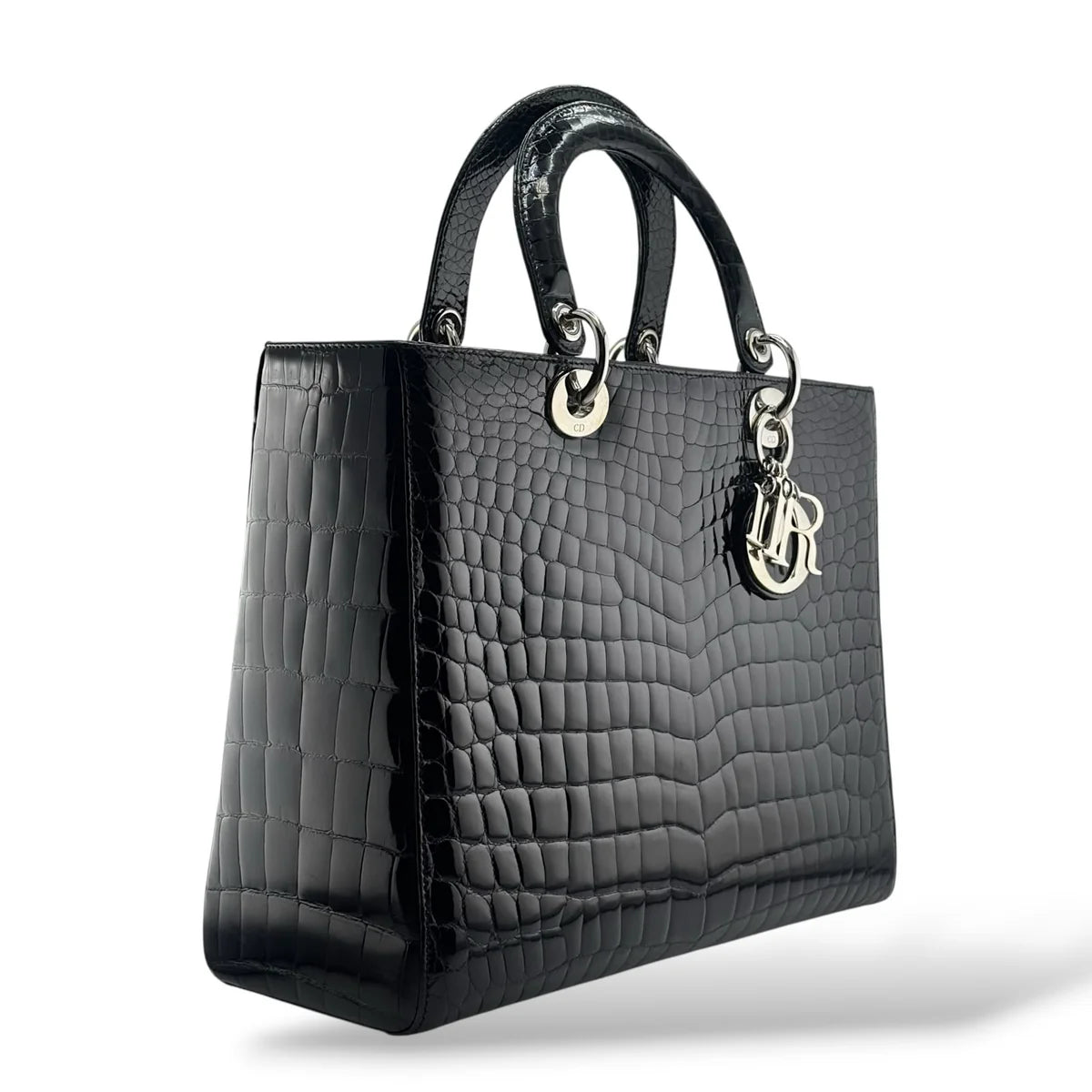 Christian Dior Black Shiny Niloticus Crocodile Large Lady Dior Bag