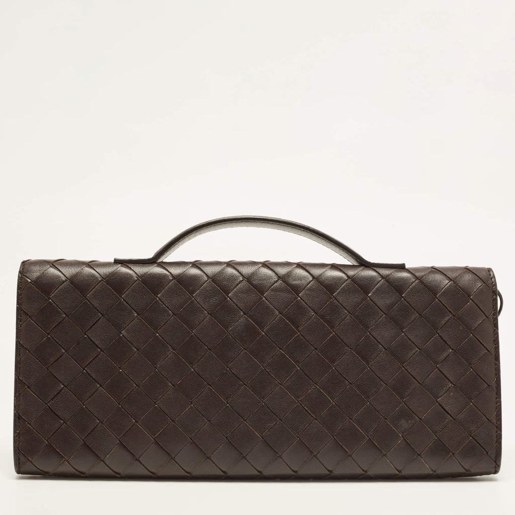 Bottega Veneta Andiamo Choco Brown Intrecciato Leather Clutch