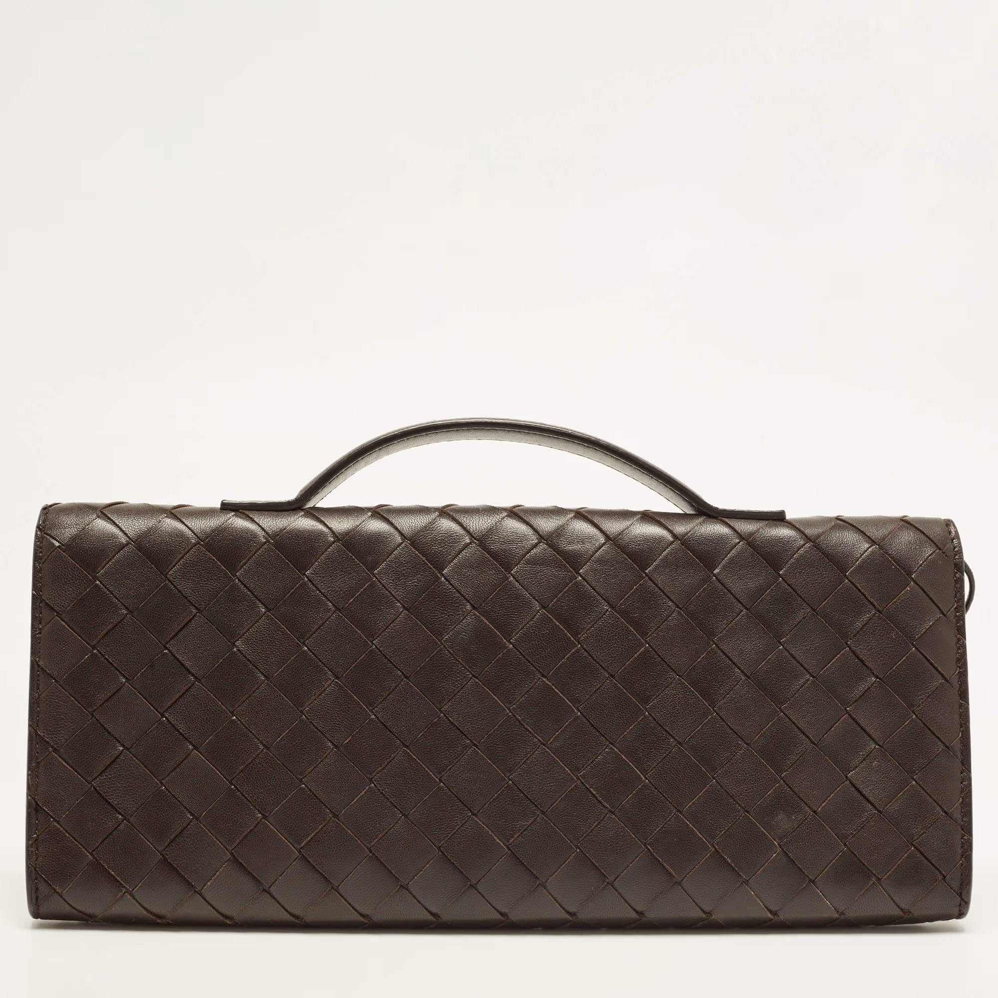Bottega Veneta Andiamo Choco Brown Intrecciato Leather Clutch