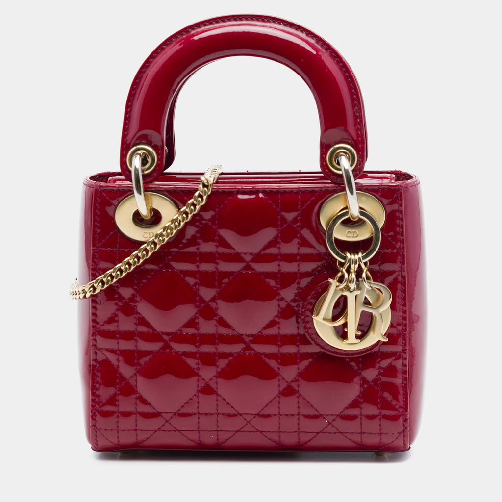 Christian Dior Mini Lady Dior Cherry Red Patent Calfskin Leather Top Handle Bag