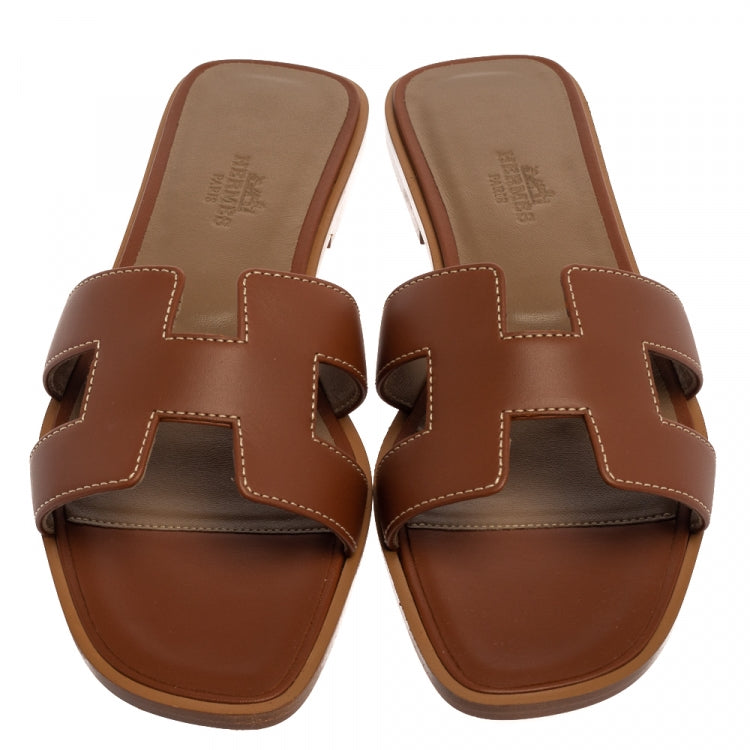 Hermes Brown Leather Oran Sandals Size 37