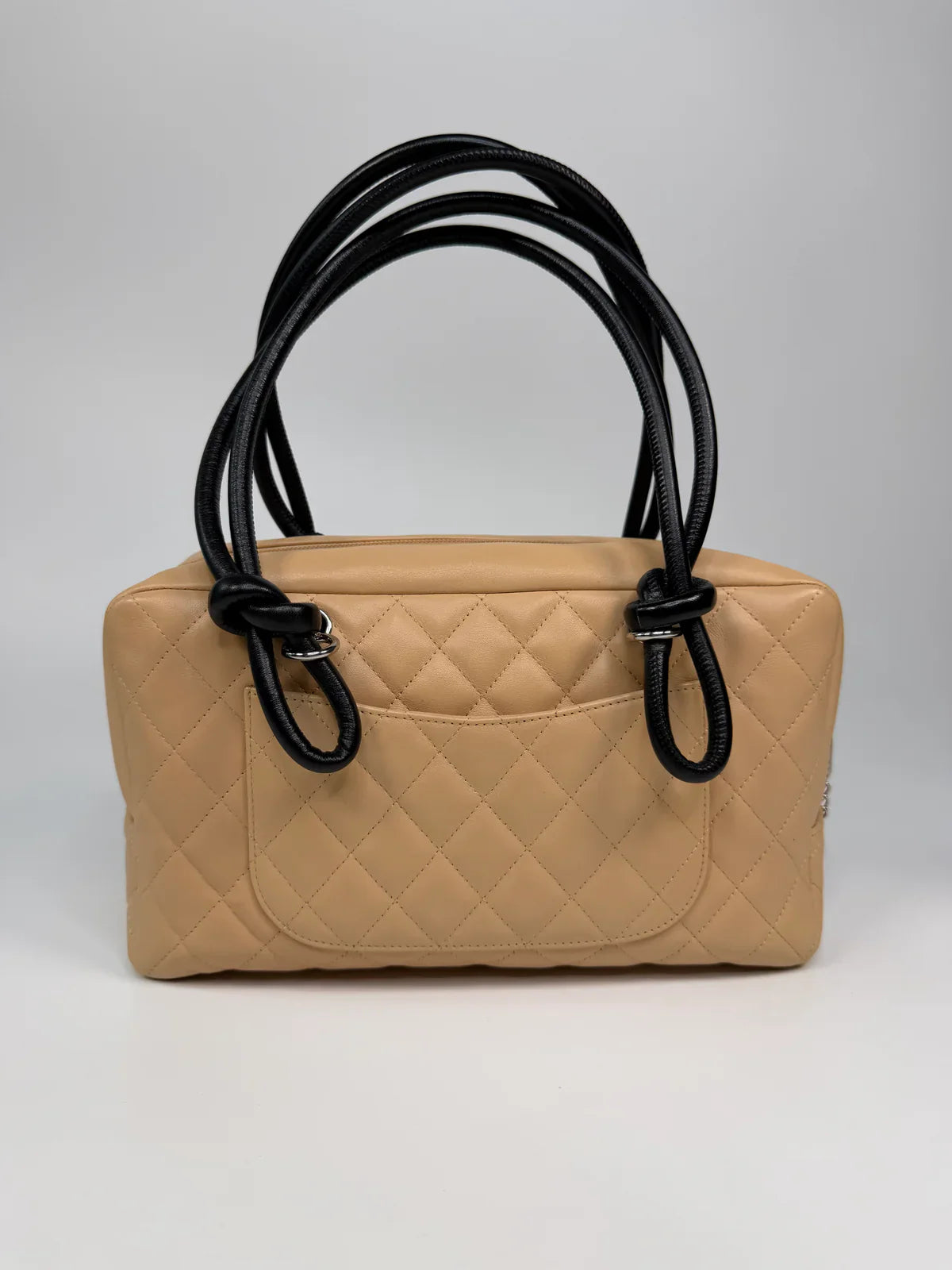 CHANEL CAMBON BOWLING BAG IN BEIGE / BLACK LAMBSKIN LEATHER WITH SILVER HARDWARE
