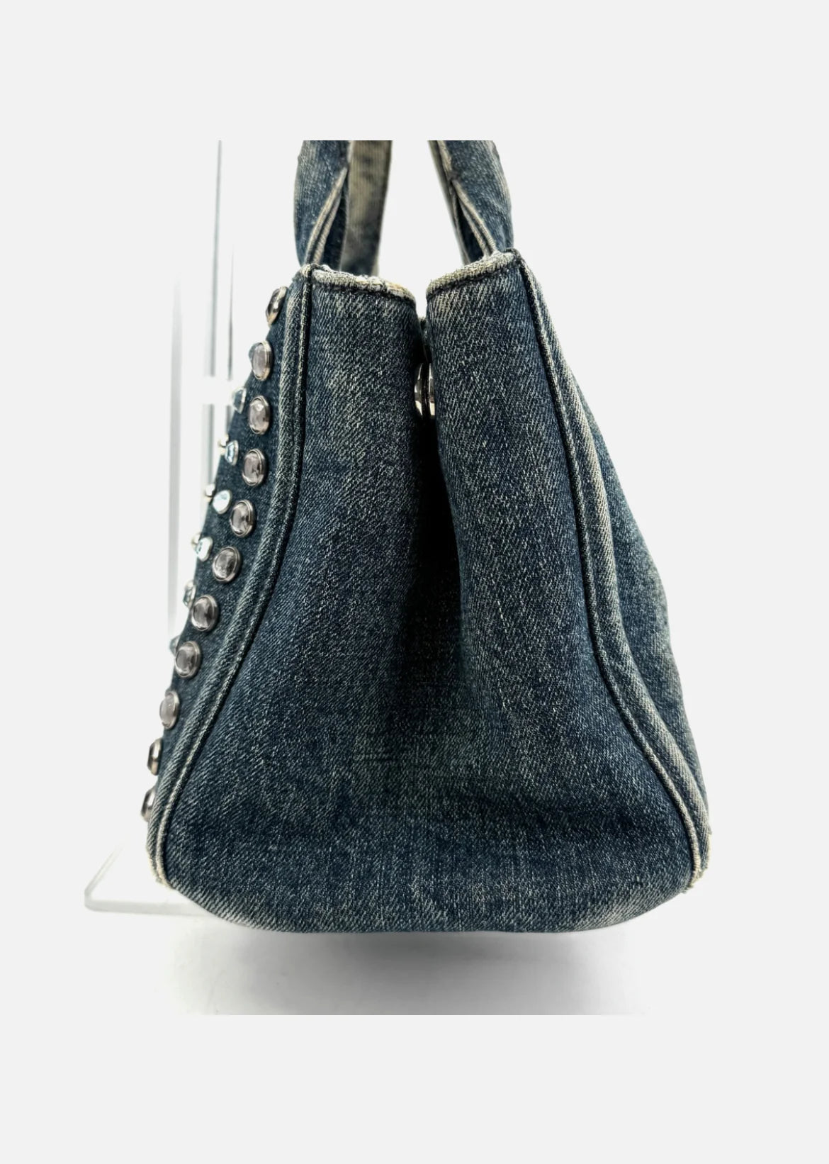 PRADA Canapa Tote Bag Bijoux Rhinestones Studs Denim Blue Bag