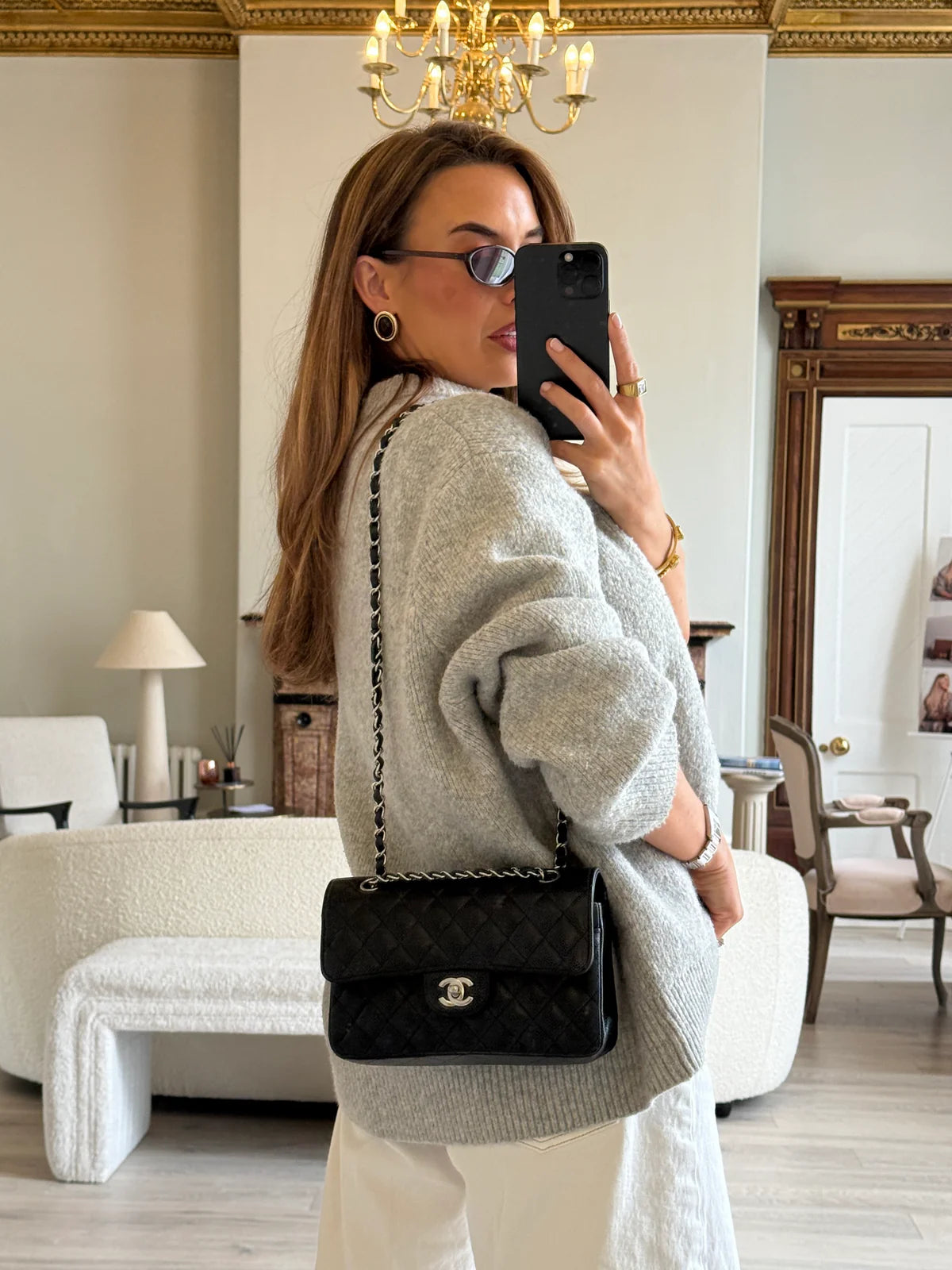 CHANEL SMALL CLASSIC DOUBLE FLAP IN BLACK CAVIAR LEATHER WITH SILVER HARDWARE