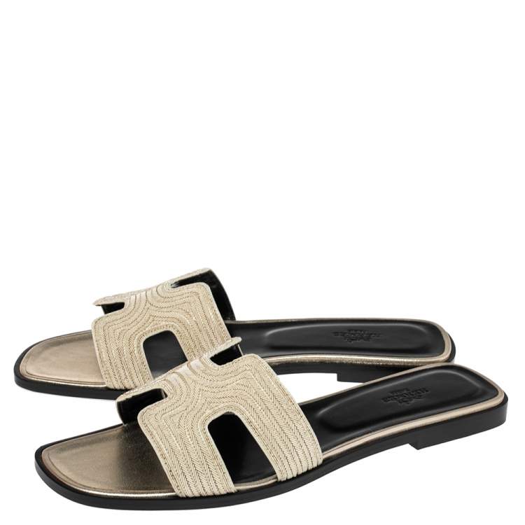 Hermes Gold Suede Embellished Oran Sandals Size 40.5