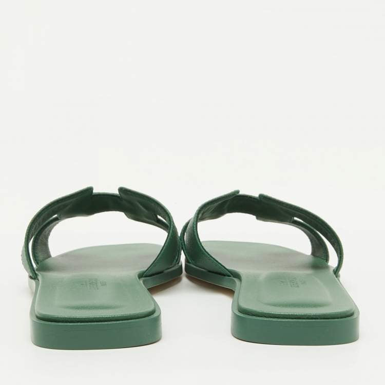 Hermes Green Leather Oran Flat Sandals Size 38