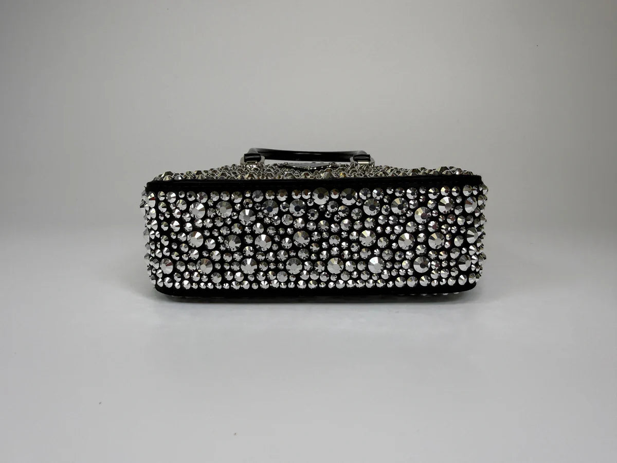 PRADA METAL PANIER SMALL BLACK SATIN CRYSTAL TOTE