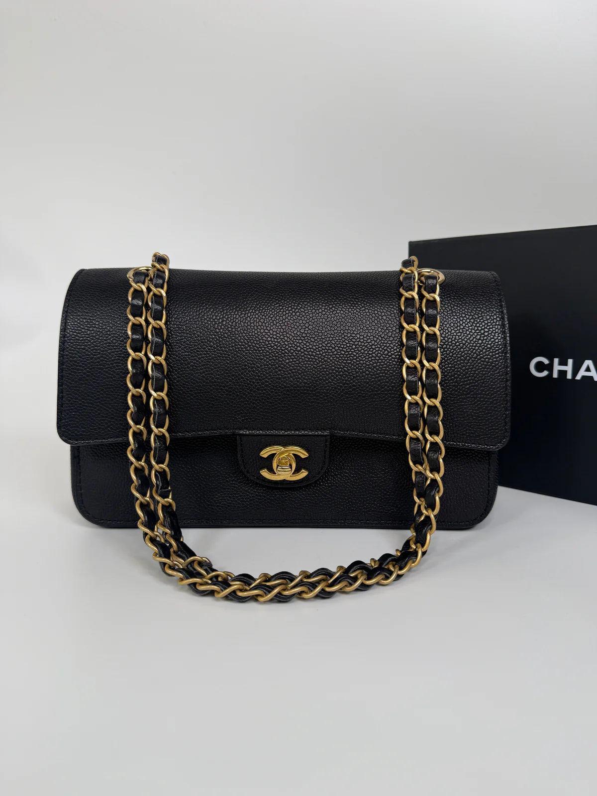 CHANEL MEDIUM PURE TIMELESS FLAP BLACK IN BLACK CAVIAR LEATHER WITH GOLD HARDWARE