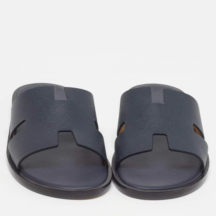 Hermès Izmir Size 43.5 Navy Blue Leather Flat Slides