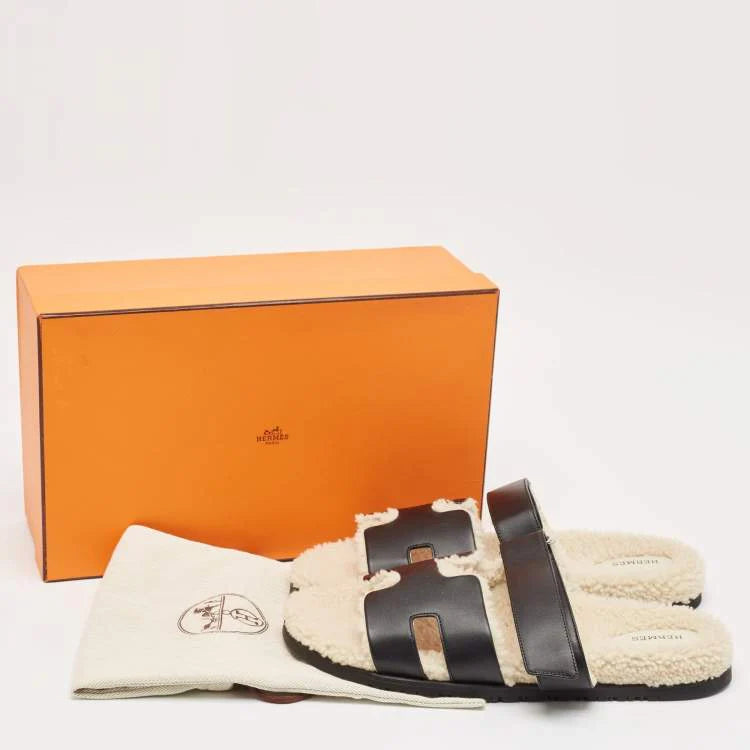 Hermes Black Leather and Shearling Fur Lined Chypre Sandals Size 45.5