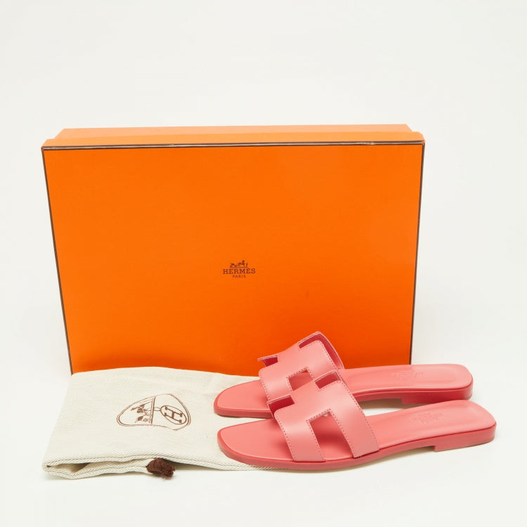 Hermes Pink Leather Oran Flat Sandals Size 37.5