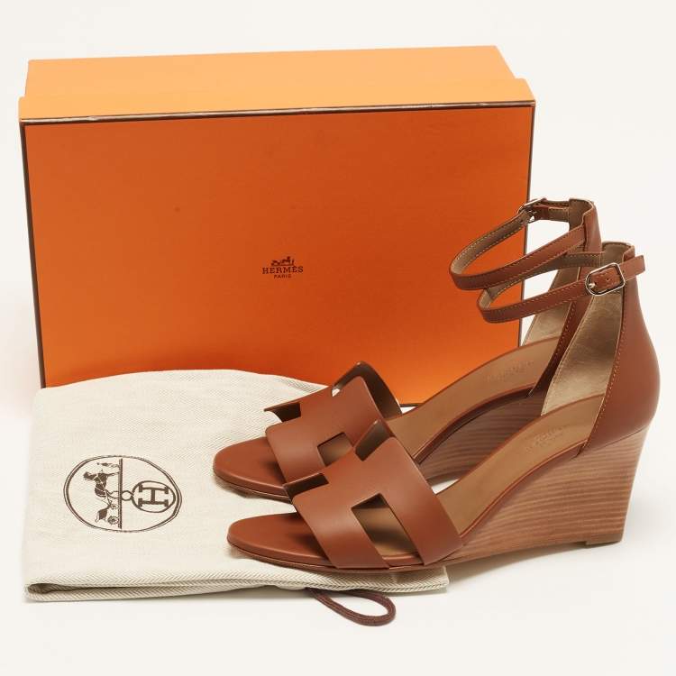 Hermes Legend Size 39.5 Brown Leather Wedge Sandals