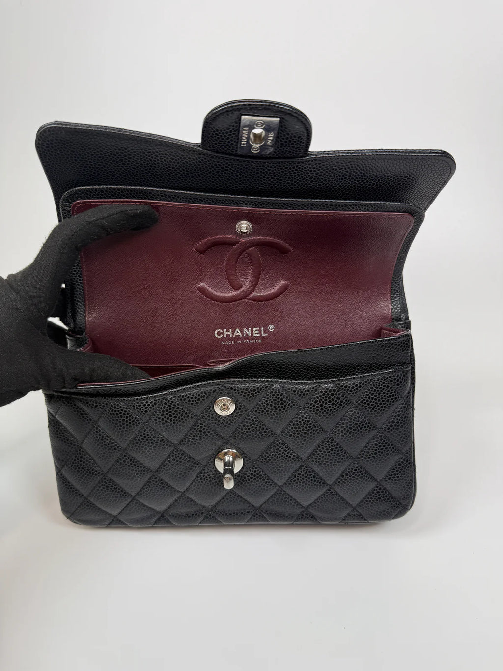 CHANEL SMALL CLASSIC DOUBLE FLAP IN BLACK CAVIAR LEATHER WITH SILVER HARDWARE
