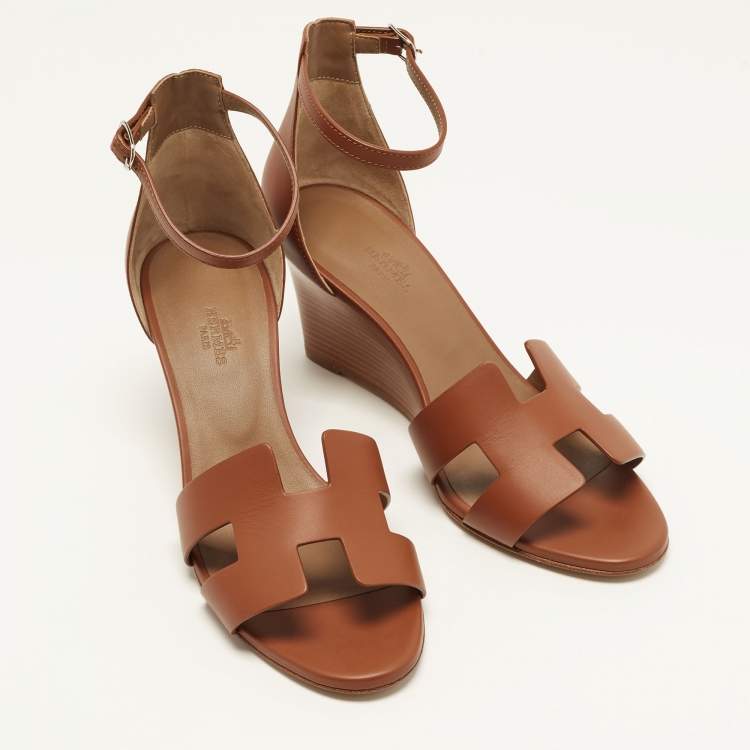 Hermes Legend Size 39.5 Brown Leather Wedge Sandals
